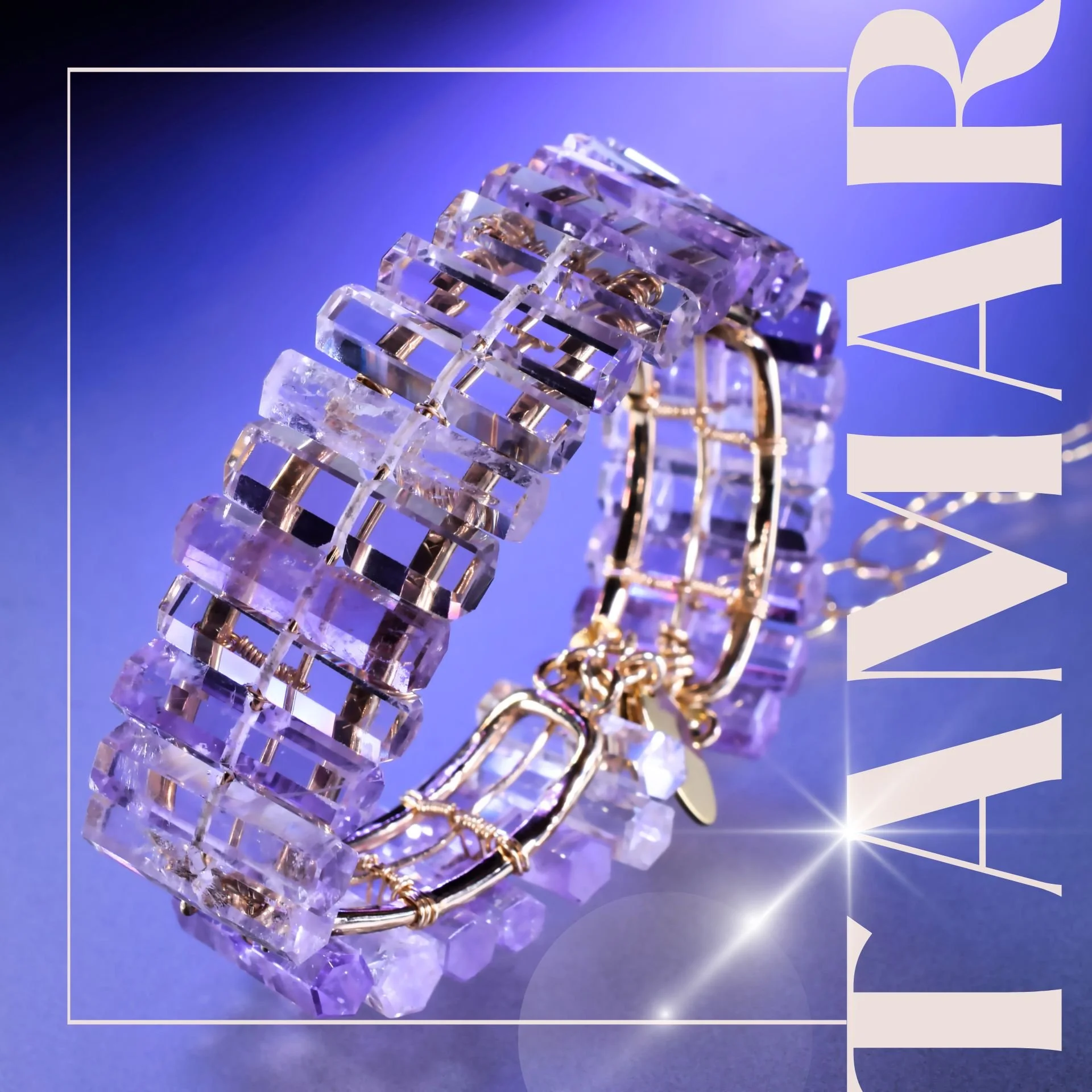 editorial image of pastel jewelry on a purple background with the words TAMAR