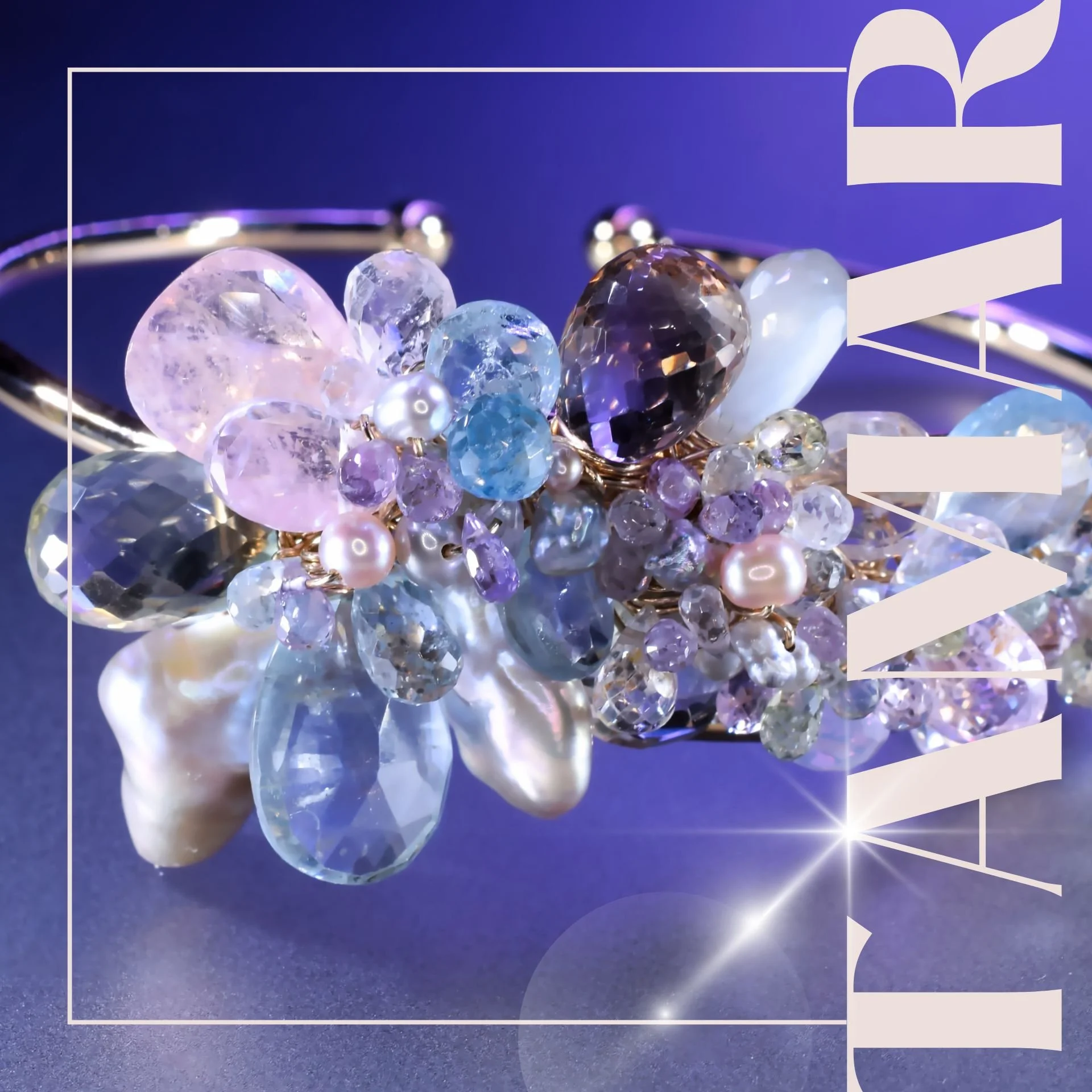 editorial image of pastel jewelry on a purple background with the words TAMAR