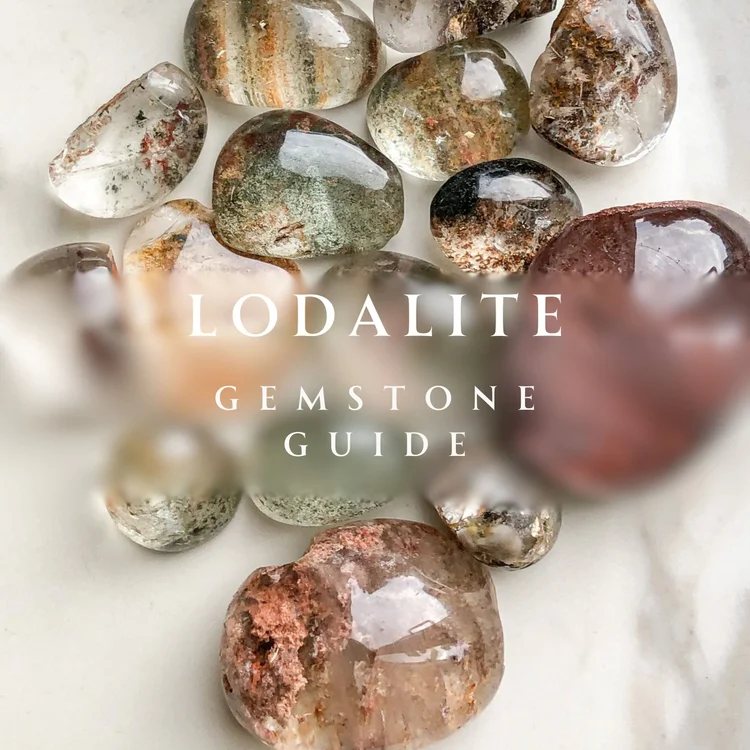 Polished lodalite quartz stones with their inclusions, and the words Lodalite Gemstone Guide