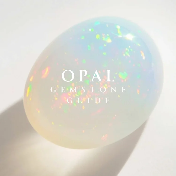 A glowing white opal with flashes of color and the words Opal Gemstone Guide