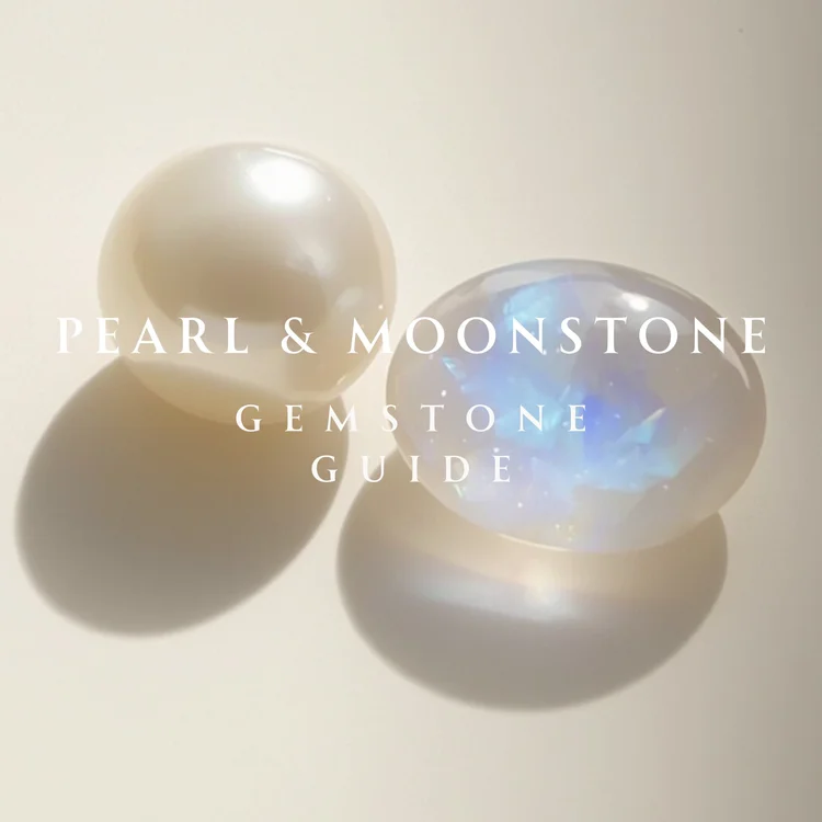 A pearl and a moonstone side by side with the words Pearl and Moonstone Gemstone Guide