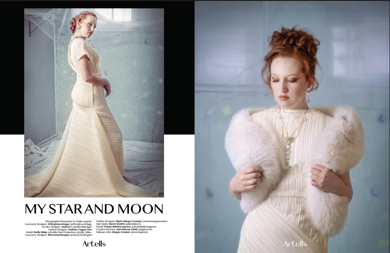Portrait of a red-haired woman in a white pleated dress and fur stole, wearing delicate layered jewelry against a dreamy pale blue background.
