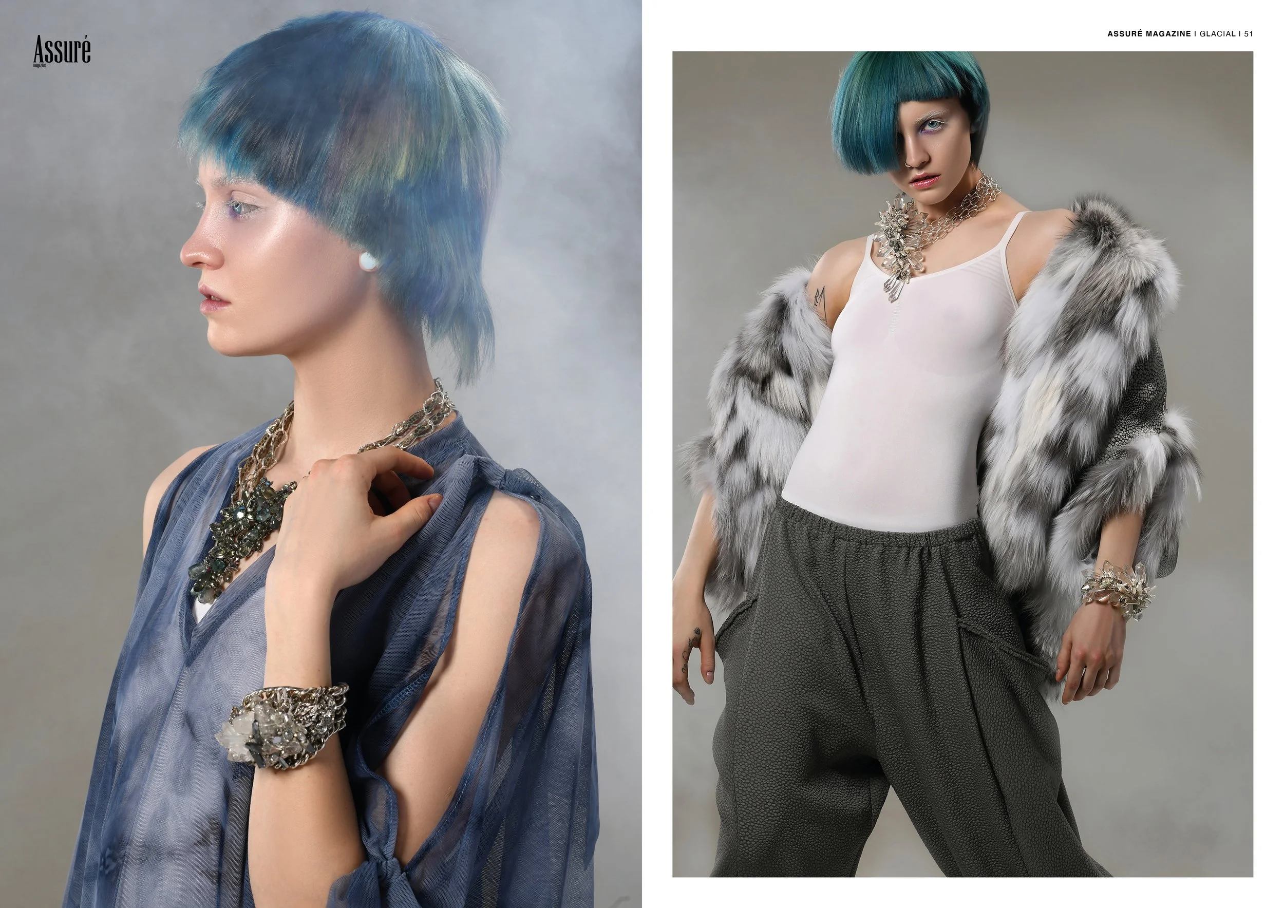 Fashion editorial featuring a model with a teal bob, layered silver jewelry, sheer blue styling, gray trousers, and a faux-fur coat.