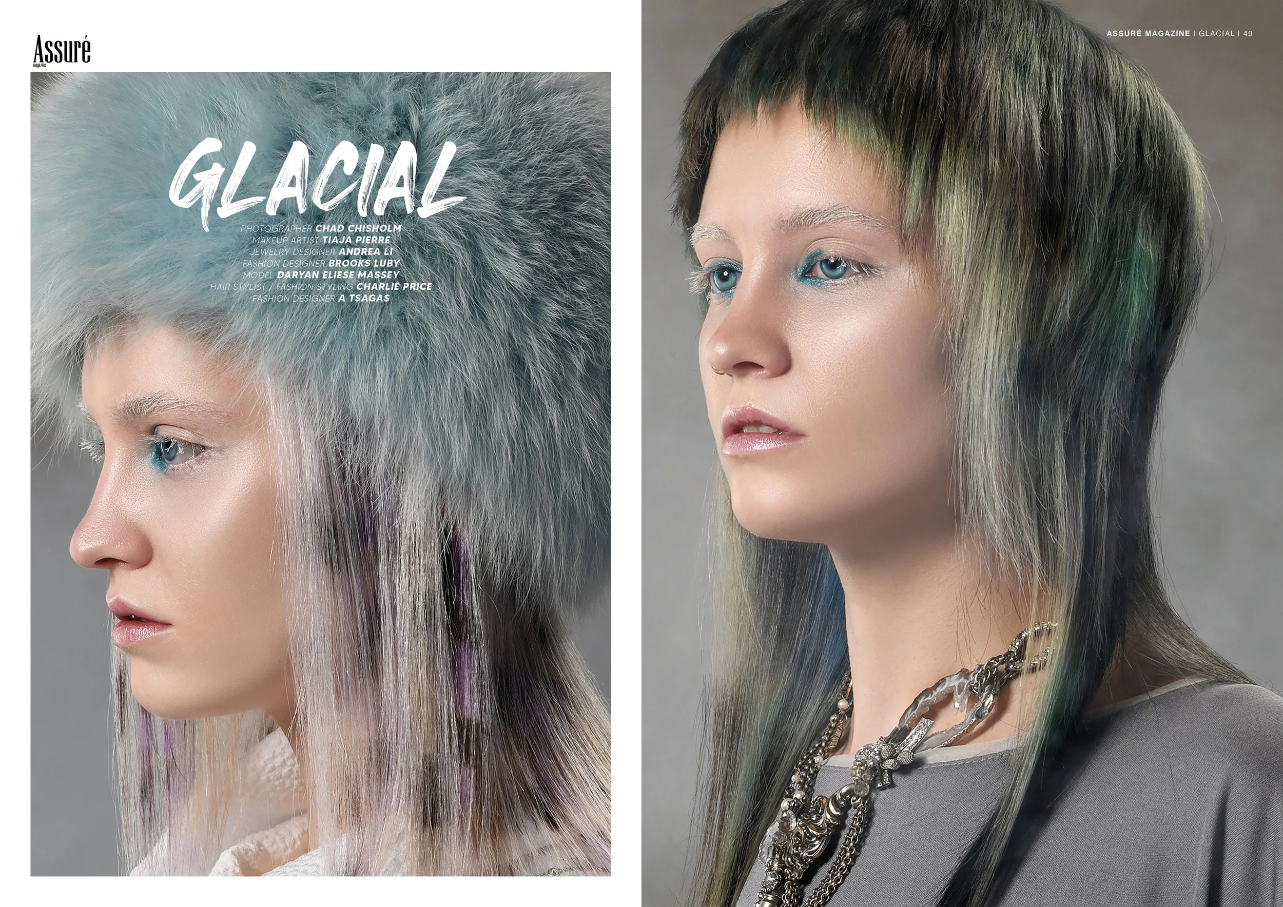 Editorial spread featuring two models with icy blue eye makeup, layered shag haircuts, gray styling, and sculptural statement jewelry.
