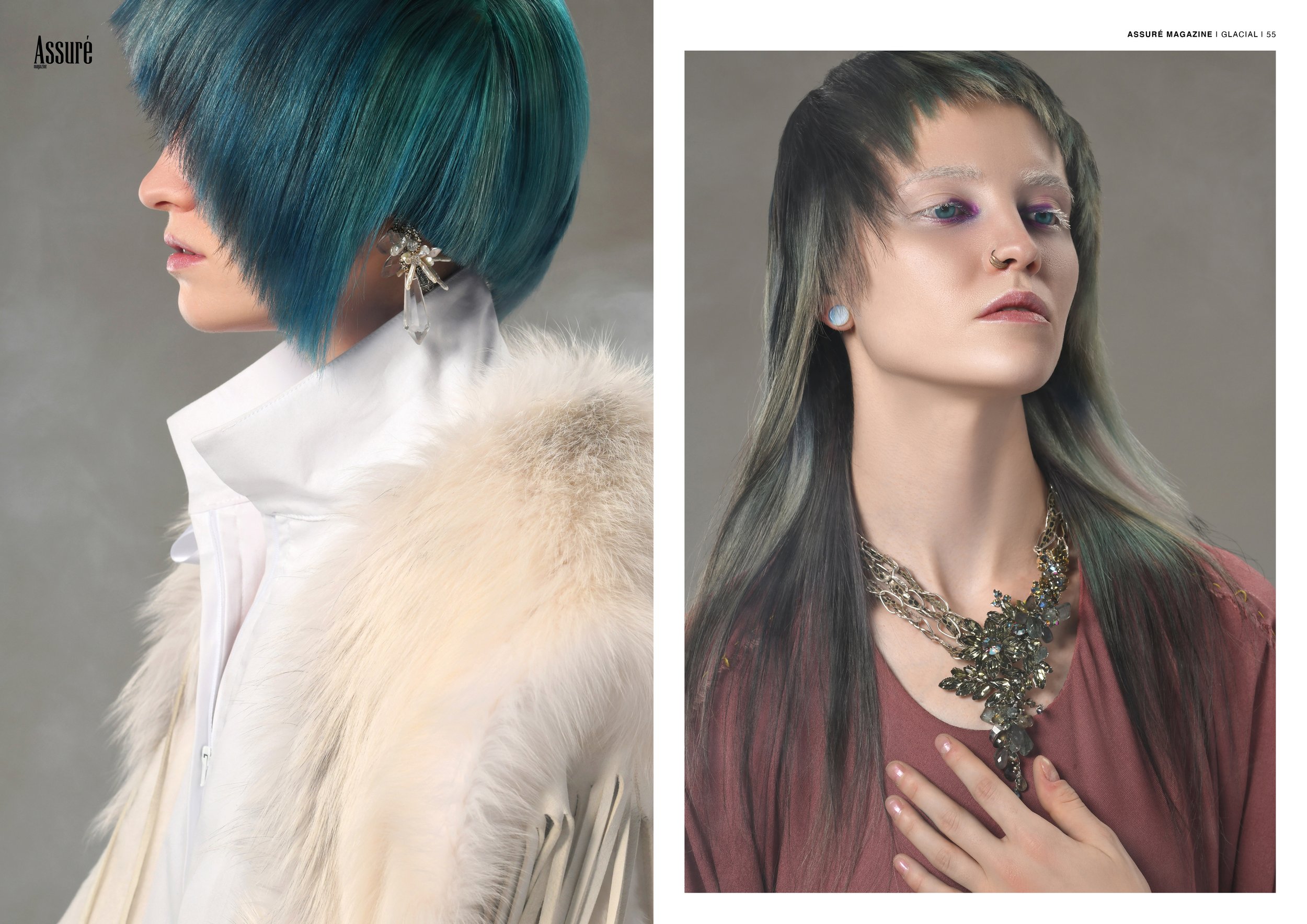 Fashion editorial with two models in icy hairstyles, crystal jewelry, white faux fur, mauve clothing, and bold purple eye makeup.