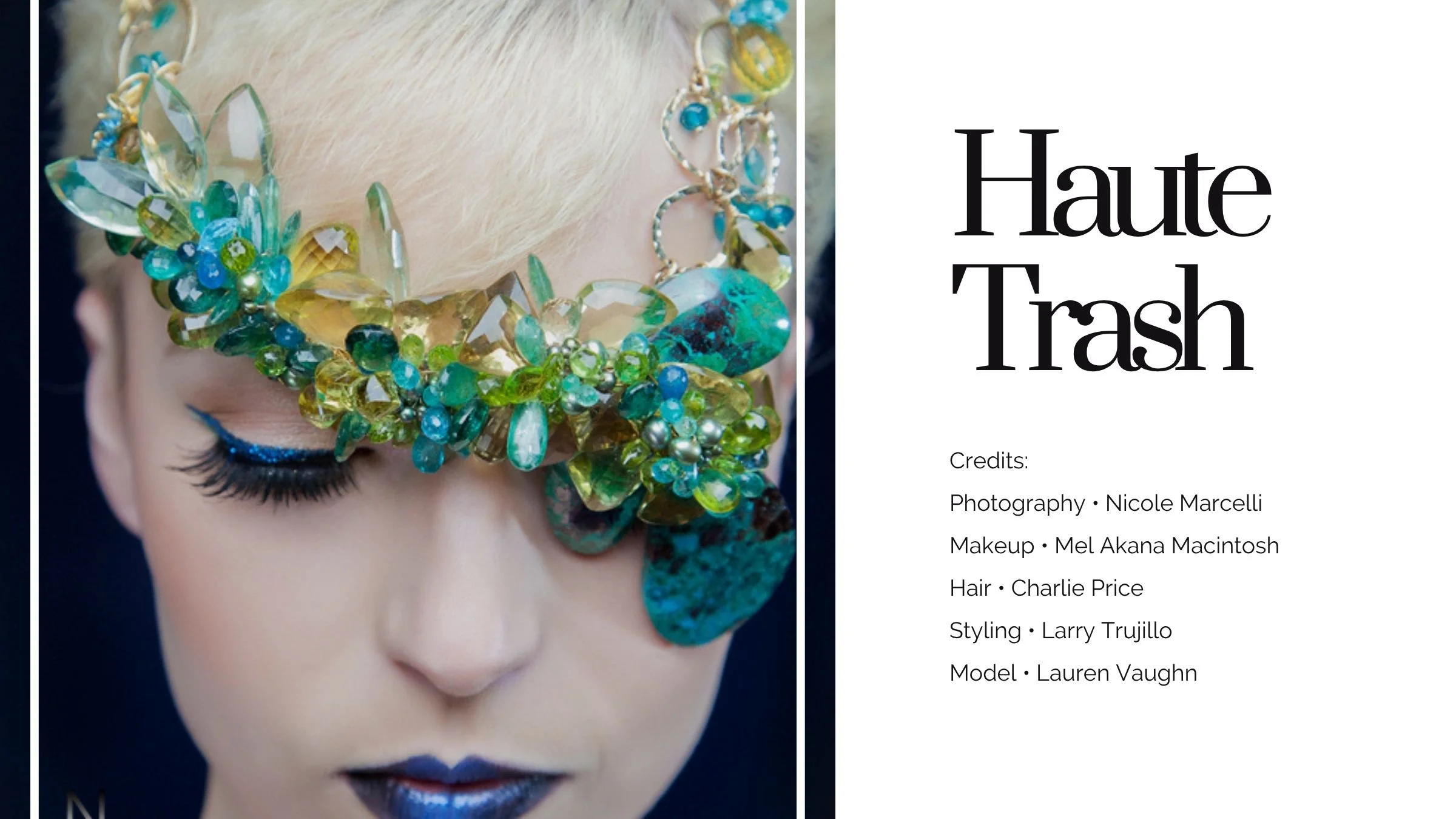 Editorial portrait of a model wearing an elaborate turquoise and green gemstone eye piece, bold blue makeup, and metallic navy lipstick.