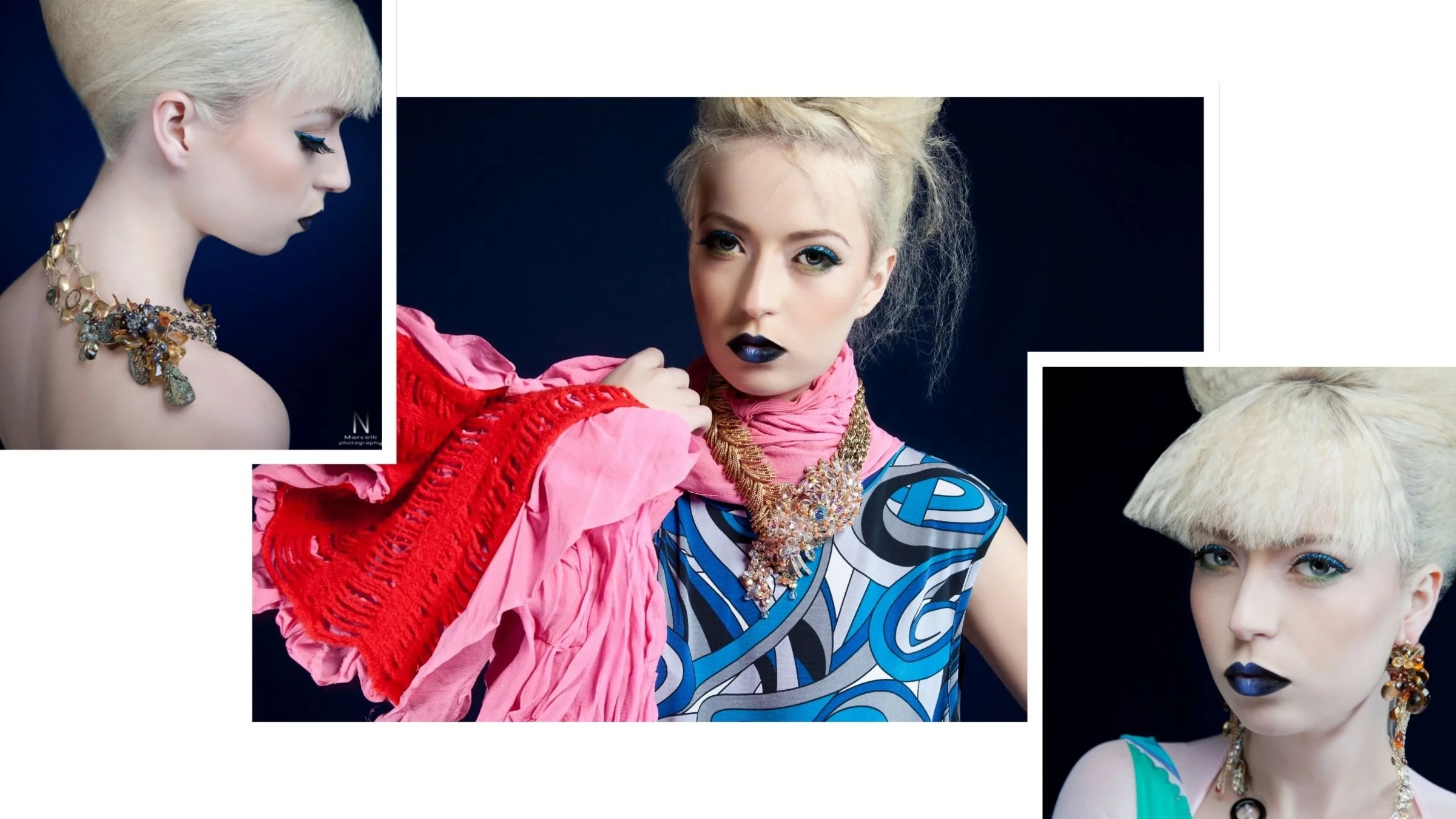 Fashion collage of a model with sculpted blonde hair, dark blue lipstick, bold retro clothing, and layered gemstone statement jewelry.