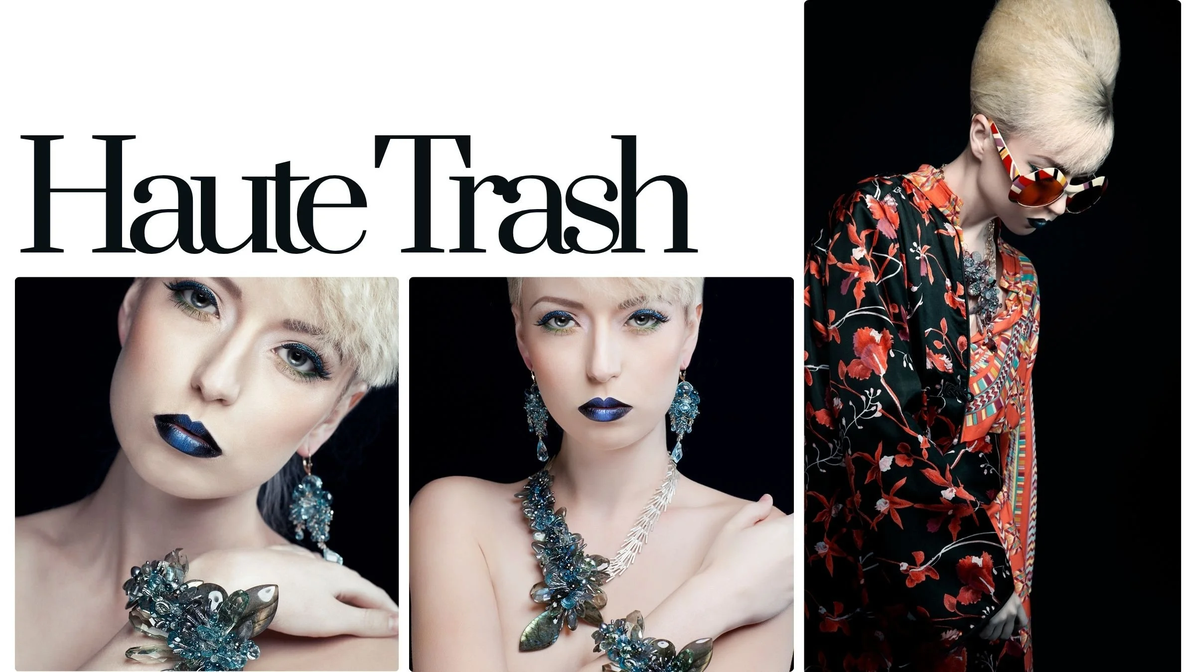 Fashion collage of a model with sculpted blonde hair, metallic blue lipstick, crystal jewelry, floral layers, and graphic sunglasses.