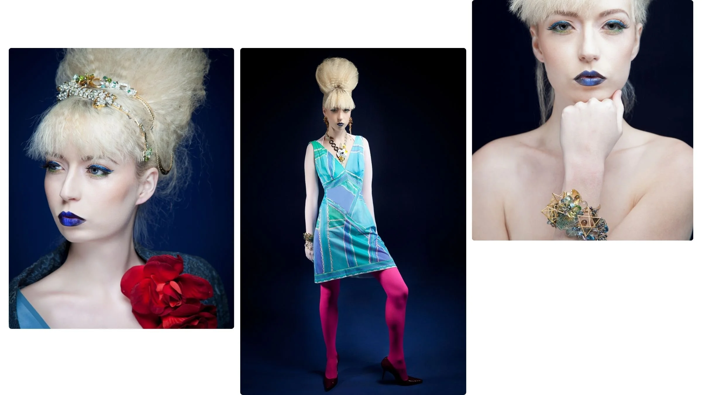 Fashion collage of a model with towering blonde hair, metallic blue makeup, bold gemstone jewelry, a turquoise dress, and pink tights.