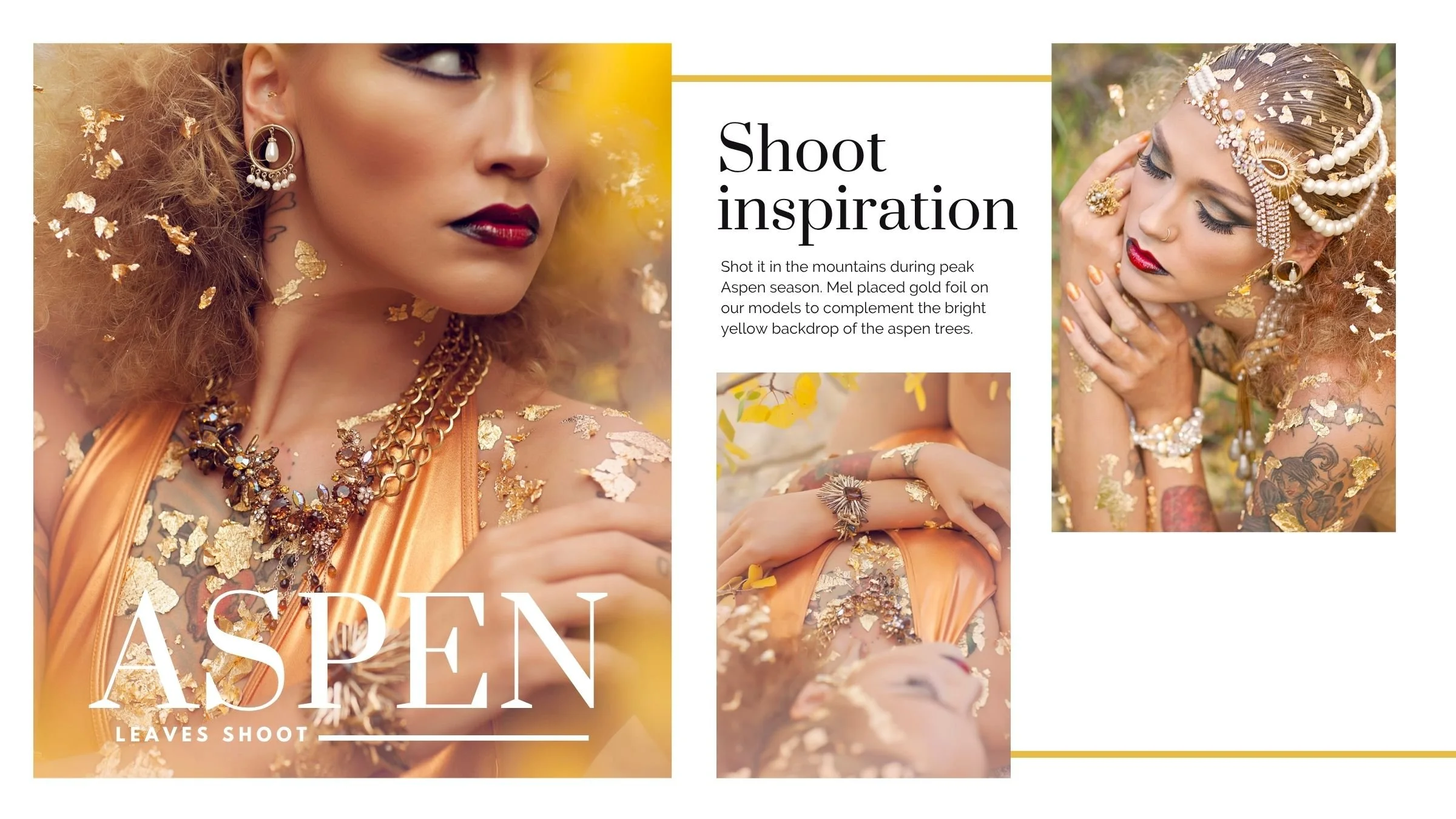 Aspen-inspired fashion spread featuring a model in gold foil, pearl head jewelry, bold makeup, and layered statement necklaces.