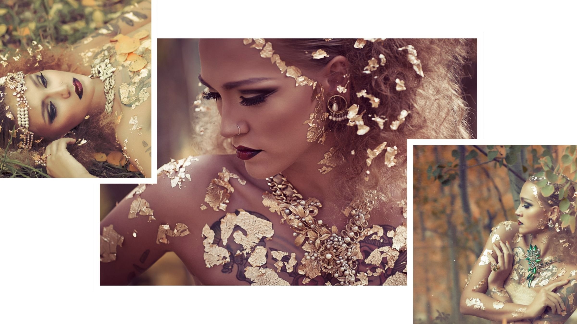 Fashion collage of a model covered in gold leaf, wearing dramatic makeup, pearl head jewelry, and ornate necklaces in an autumn forest.