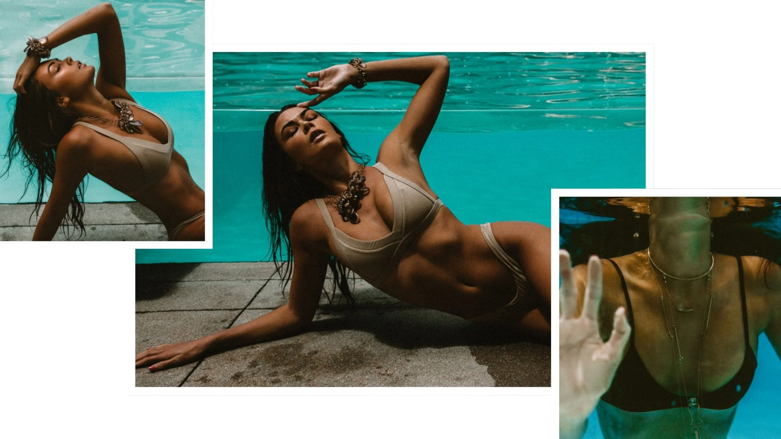 Poolside fashion collage featuring a model in neutral swimwear, layered statement jewelry, wet hair, and a moody underwater portrait.