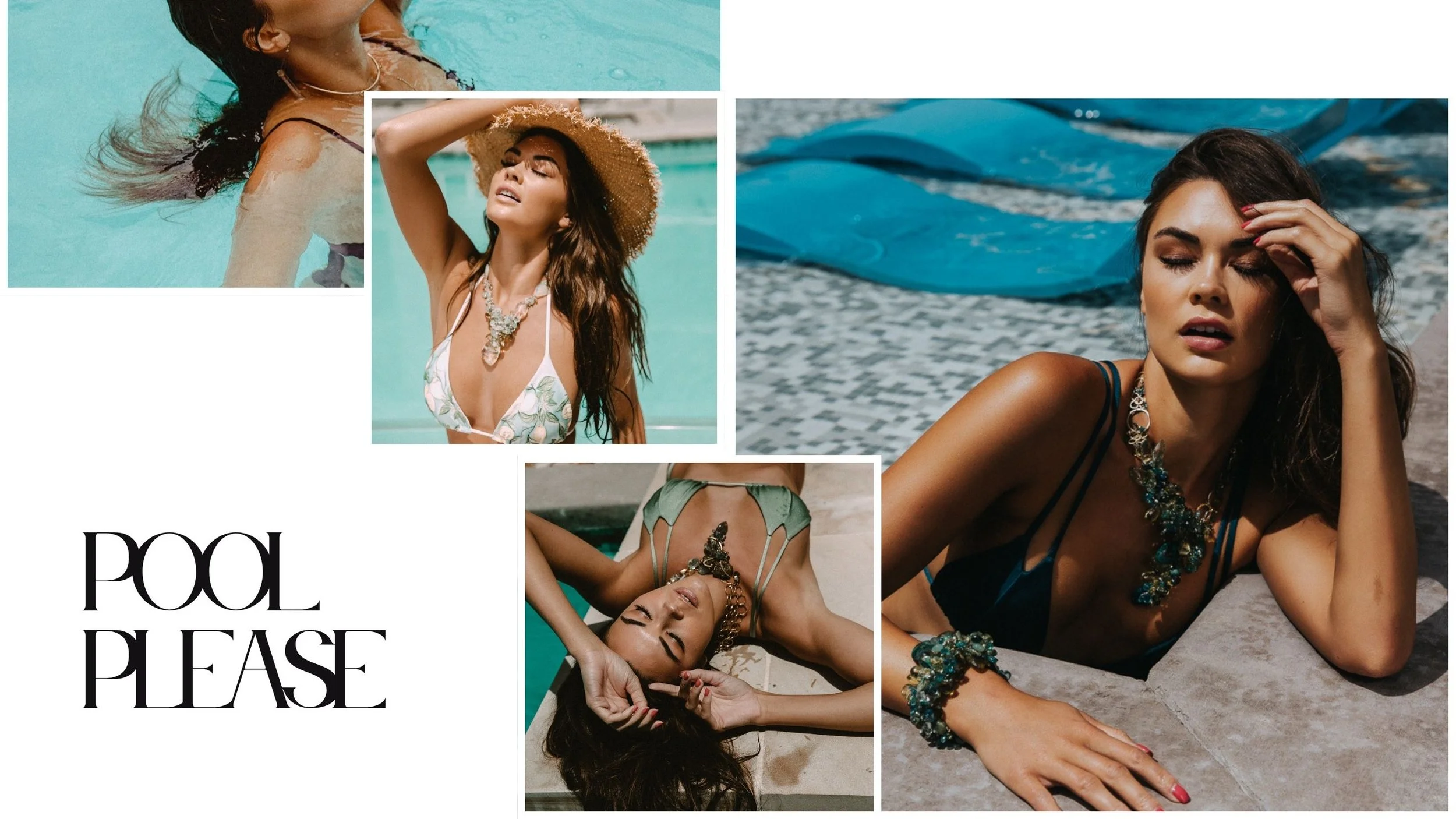 Poolside fashion collage featuring a model in swimsuits and a sun hat, wearing bold statement necklaces beside turquoise water.