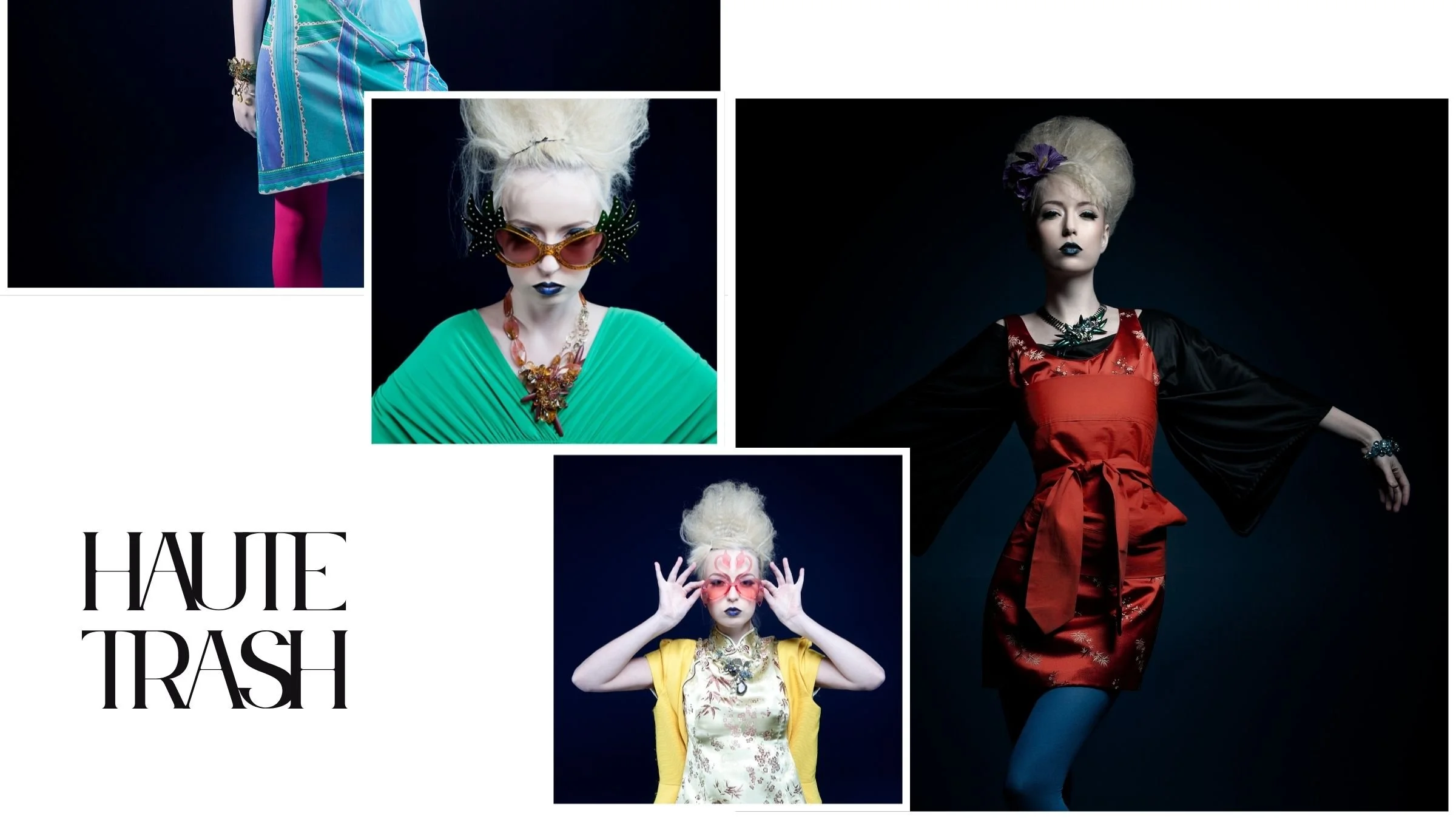 Fashion collage featuring a model in vivid retro outfits, sculptural jewelry, dramatic makeup, oversized sunglasses, and towering hair.