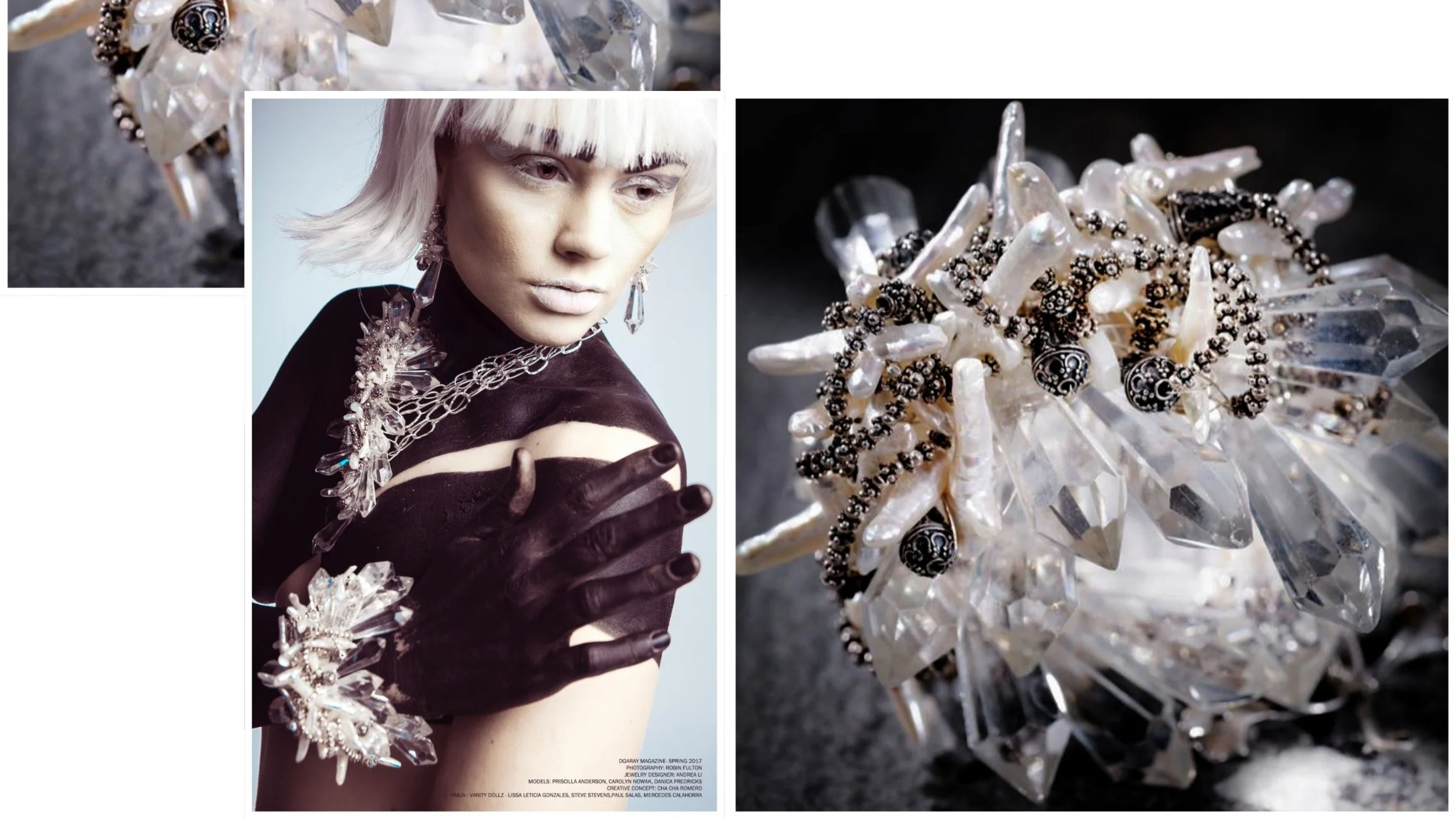 Editorial collage featuring a platinum-haired model in black body paint beside close-ups of crystal, pearl, and silver statement jewelry.