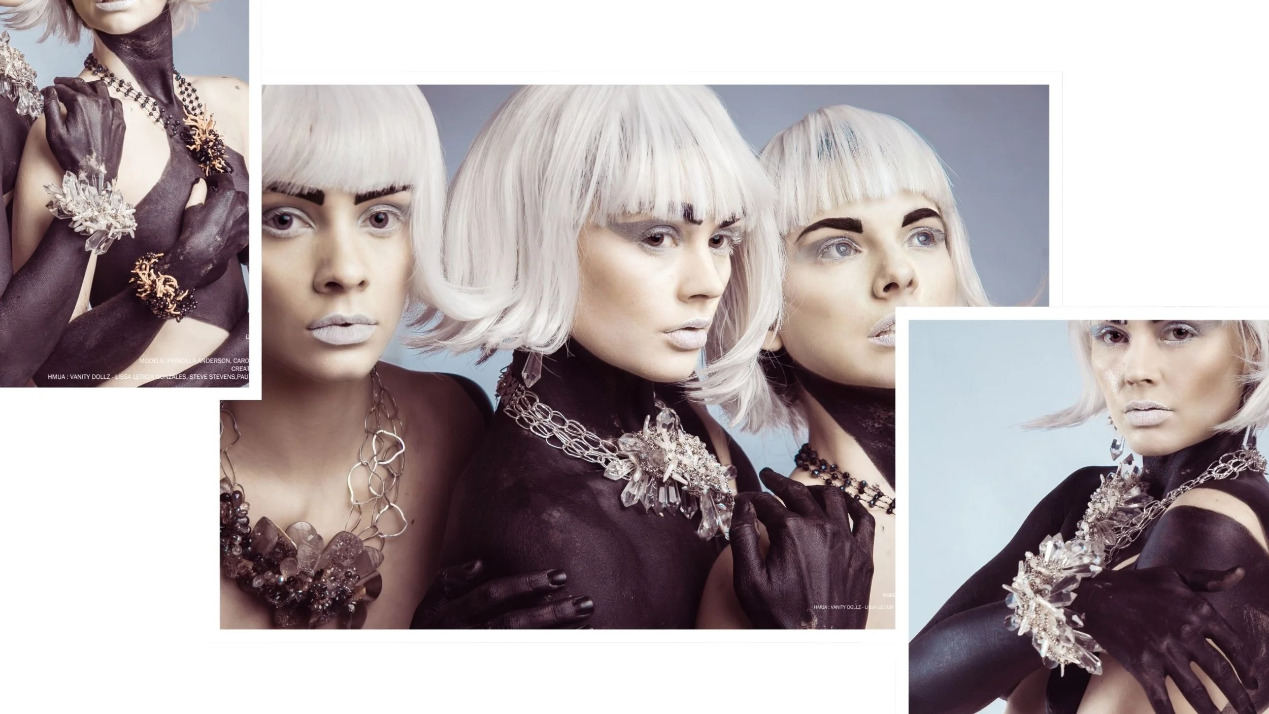 Fashion collage of three models with platinum bobs, white makeup, black body paint, and dramatic crystal statement necklaces and cuffs.