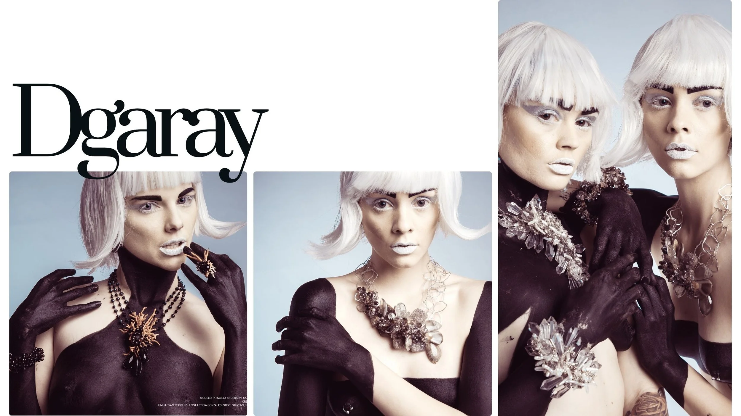 Fashion collage of two models with platinum bobs, white makeup, black body paint, and dramatic crystal statement jewelry.