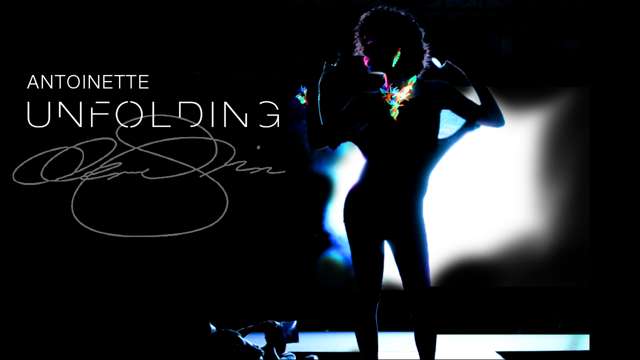 Dark runway image of a silhouetted model wearing glowing neon jewelry beneath the title “Antoinette Unfolding” and a signature.
