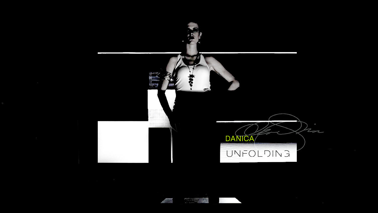 Dark runway image of a model in a white top and statement jewelry, framed by stark graphics and the title “Danica Unfolding.”