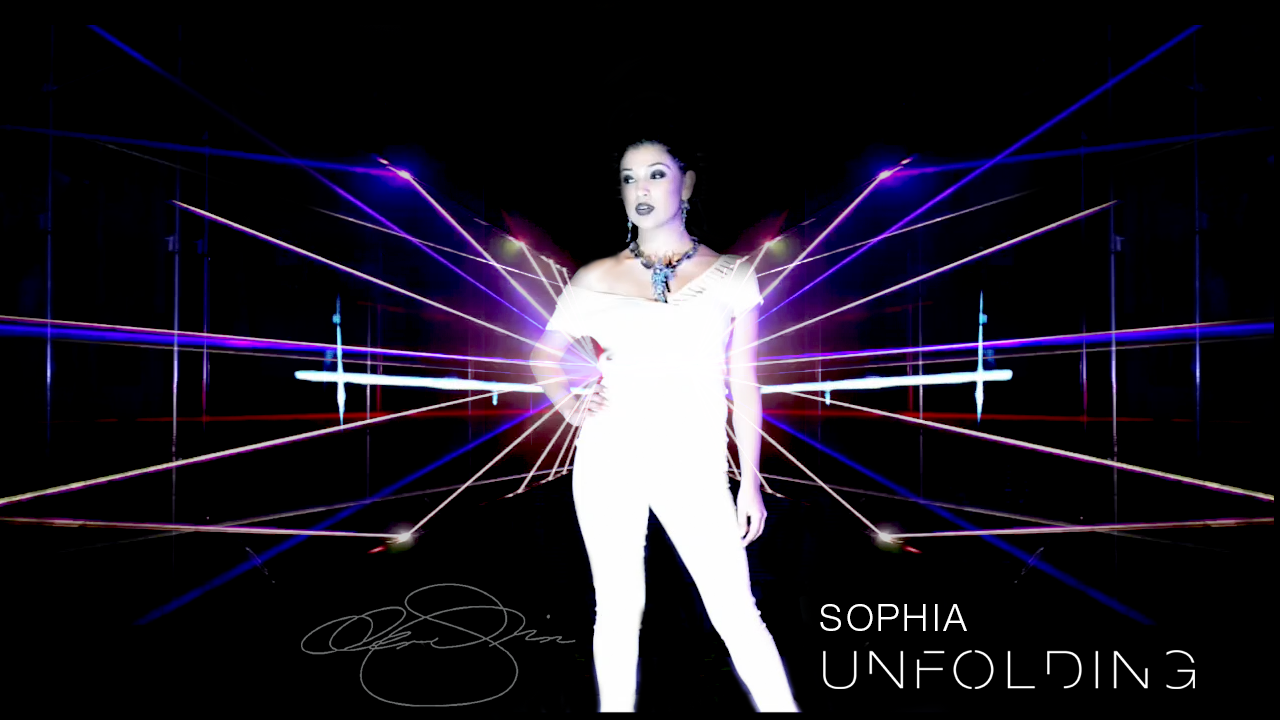 Runway model in a white outfit and blue statement necklace poses before radiating purple light beneath the title “Sophia Unfolding.”