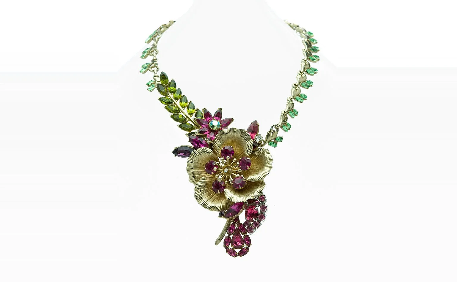 Vintage rhinestone statement necklace with fuchsia and green flowers on gold-tone settings