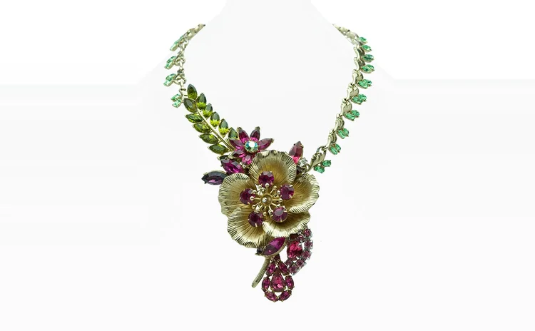 Vintage rhinestone statement necklace with fuchsia and green flowers on gold-tone settings