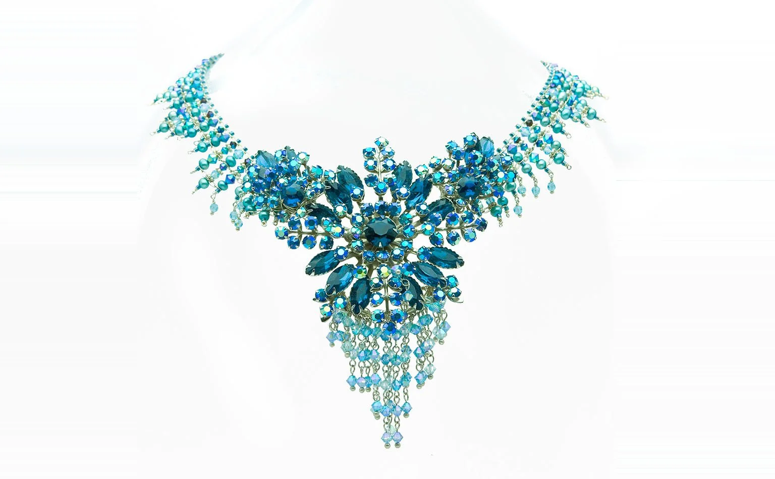 Vintage blue rhinestone fringe necklace with a wide bib front 