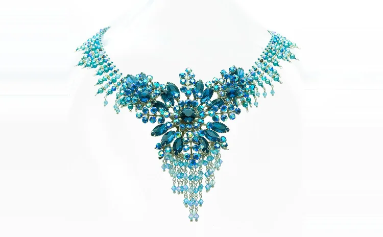 Vintage blue rhinestone fringe necklace with a wide bib front