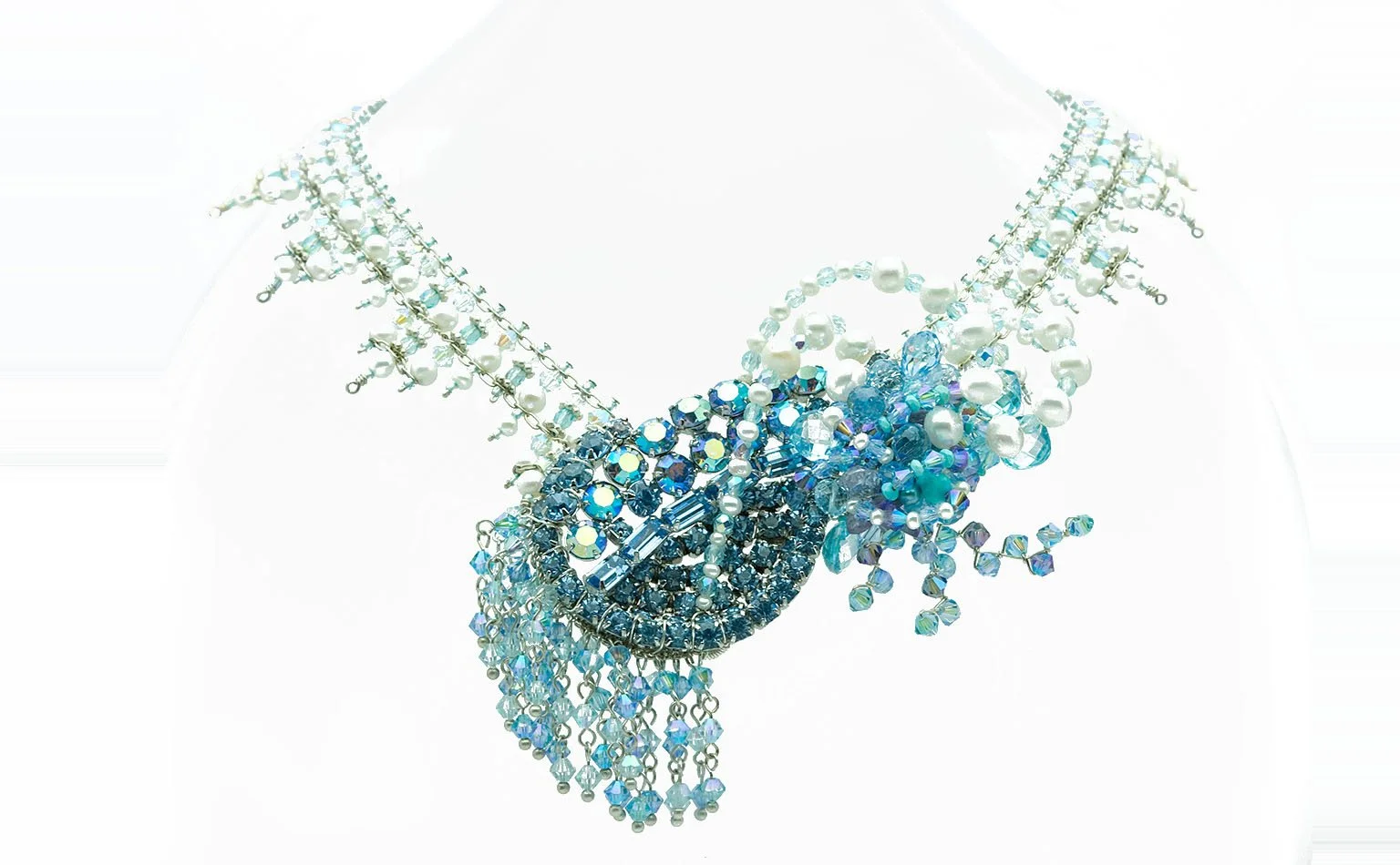 Aqua crystal and pearl fringe necklace with a cascading front 