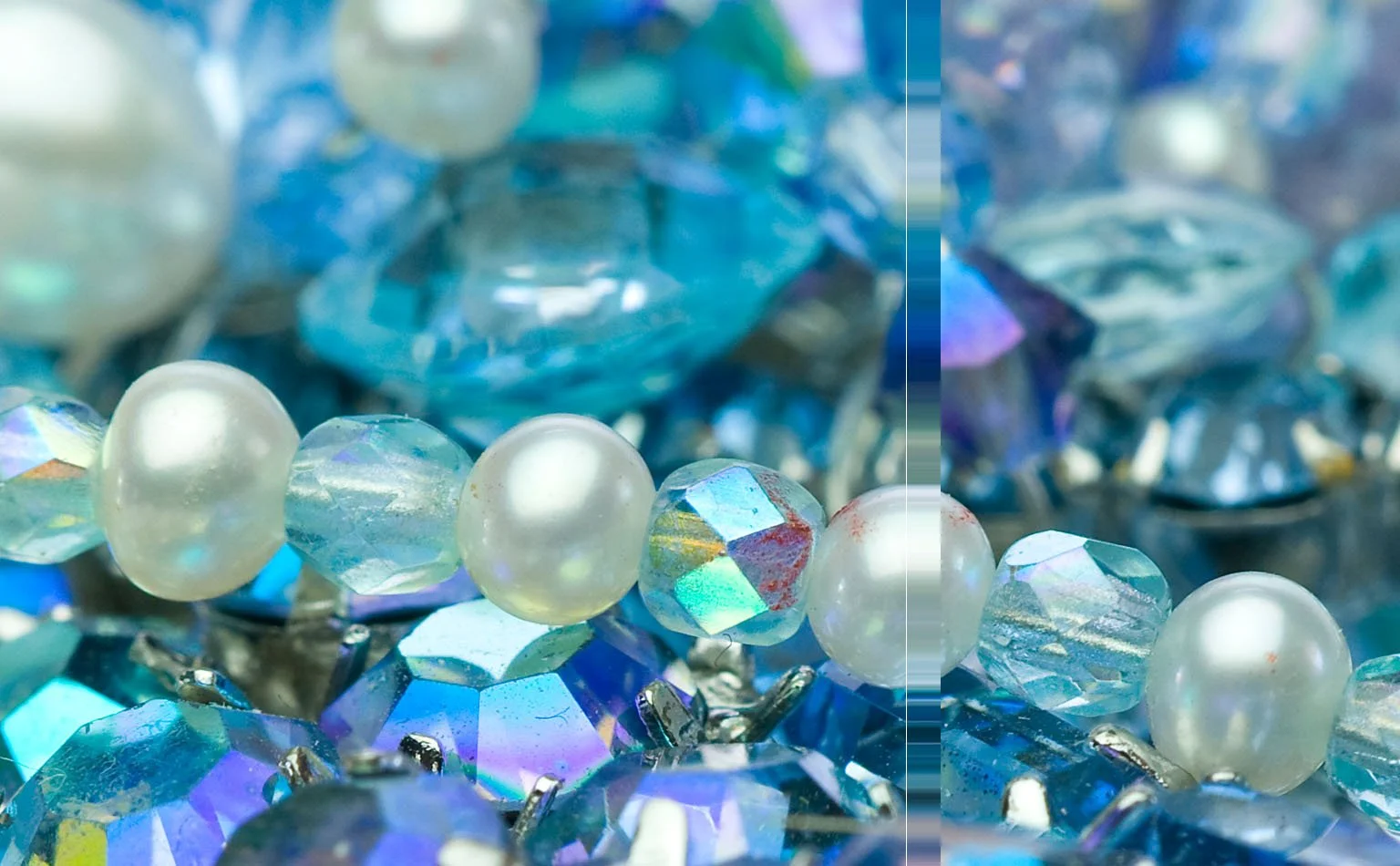 Detail of freshwater pearls set among aqua and iridescent crystal 