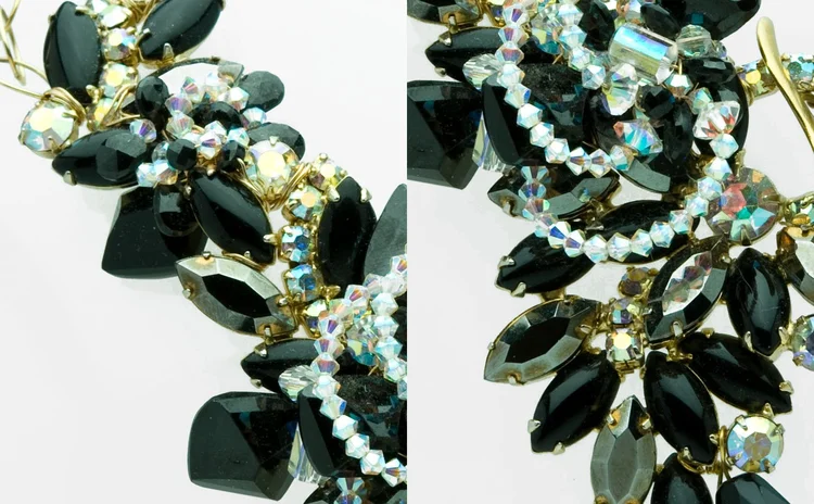 Black jet and crystal necklace shown from two angles