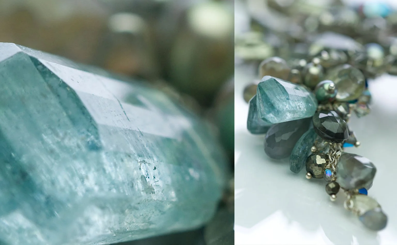 Raw aquamarine crystal specimen beside the finished piece it informed 