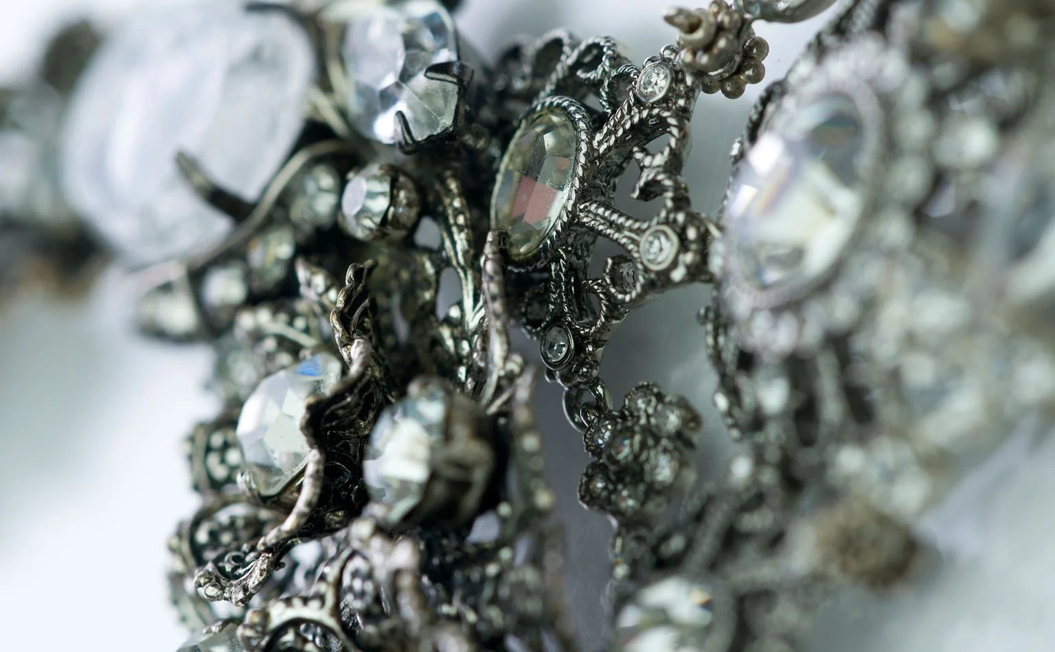 Detail of layered marcasite filigree, crystal and pearl