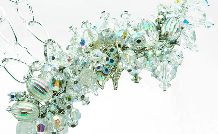 Iridescent crystal cluster necklace on fine silver-tone wire