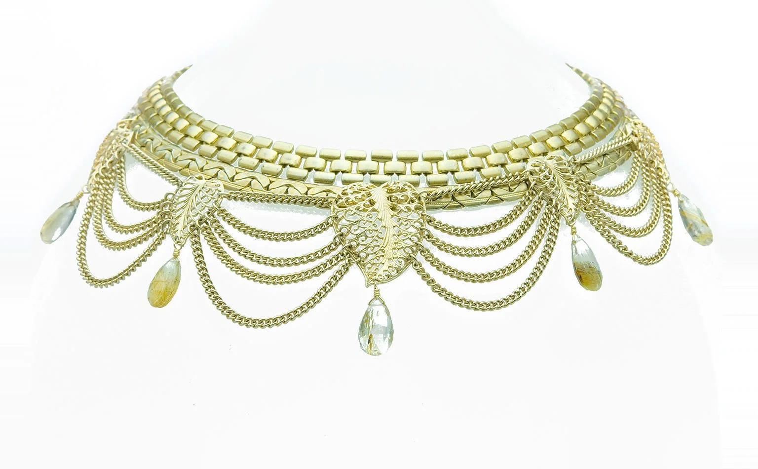 Gold mesh collar with draped chain swags and crystal drops 