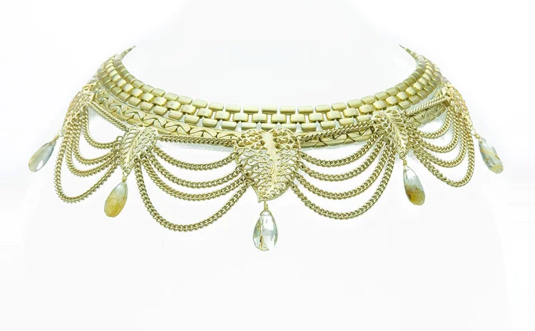 Gold mesh collar with draped chain swags and crystal drops