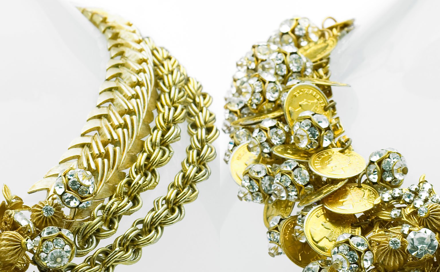 Gold herringbone chain beside a coin and rhinestone cluster