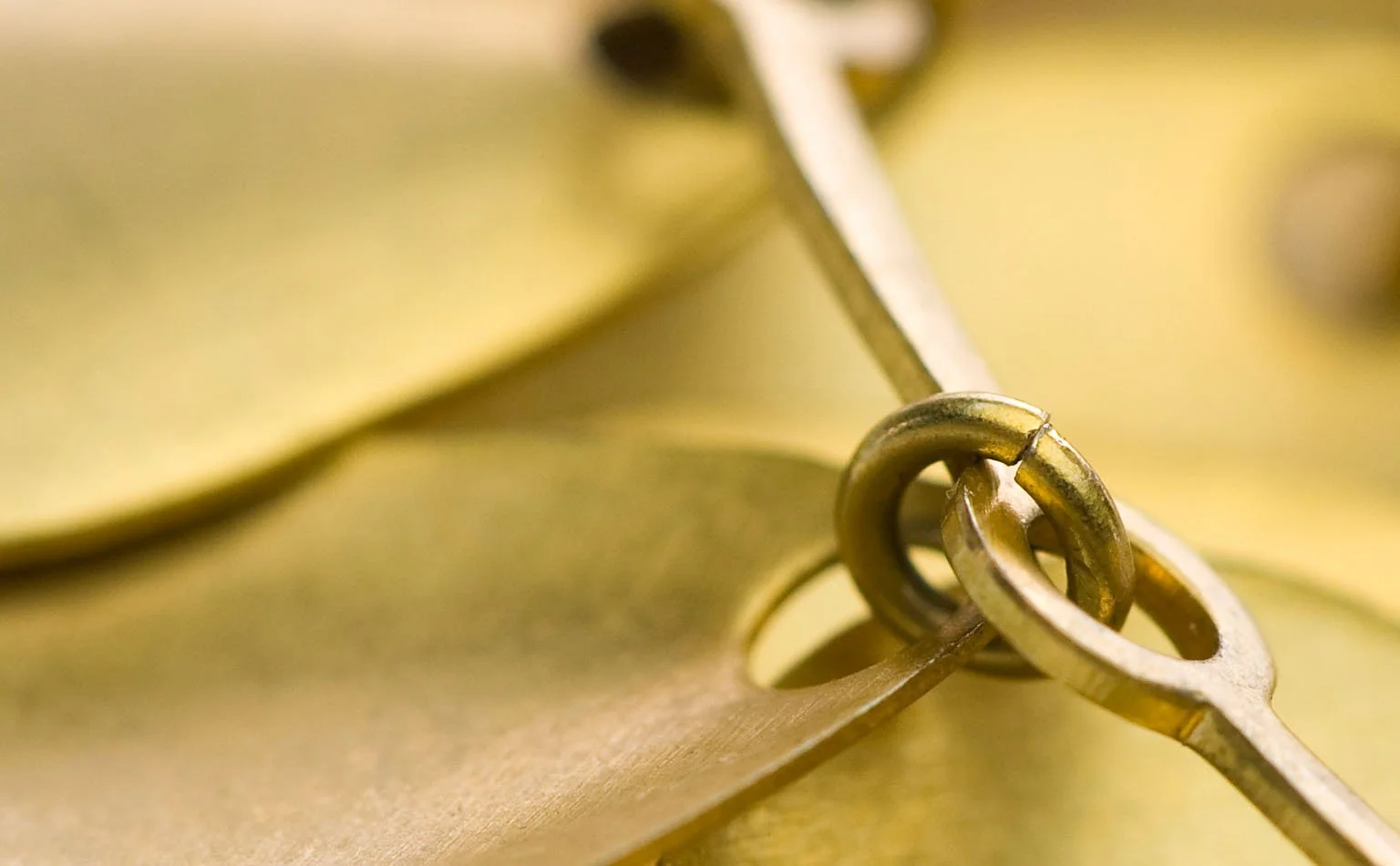 Detail of brushed gold leaf castings joined by a jump ring