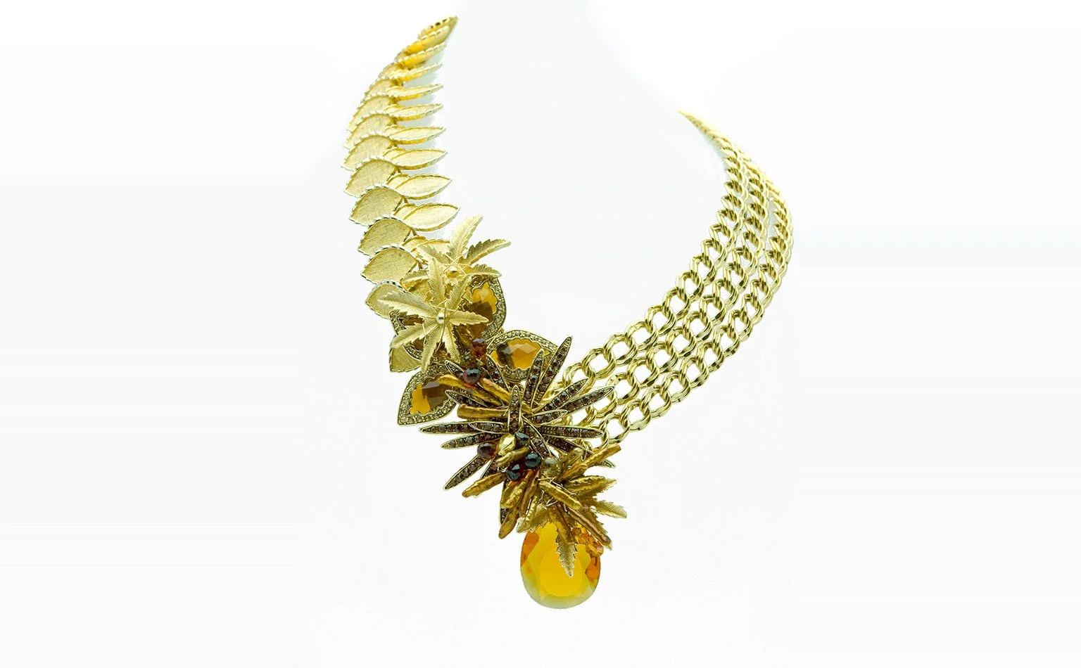 Gold collar necklace with a citrine crystal drop 