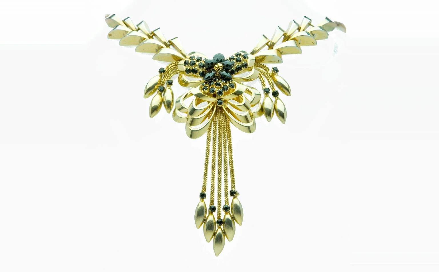 Gold collar necklace with a fanned crystal drop 
