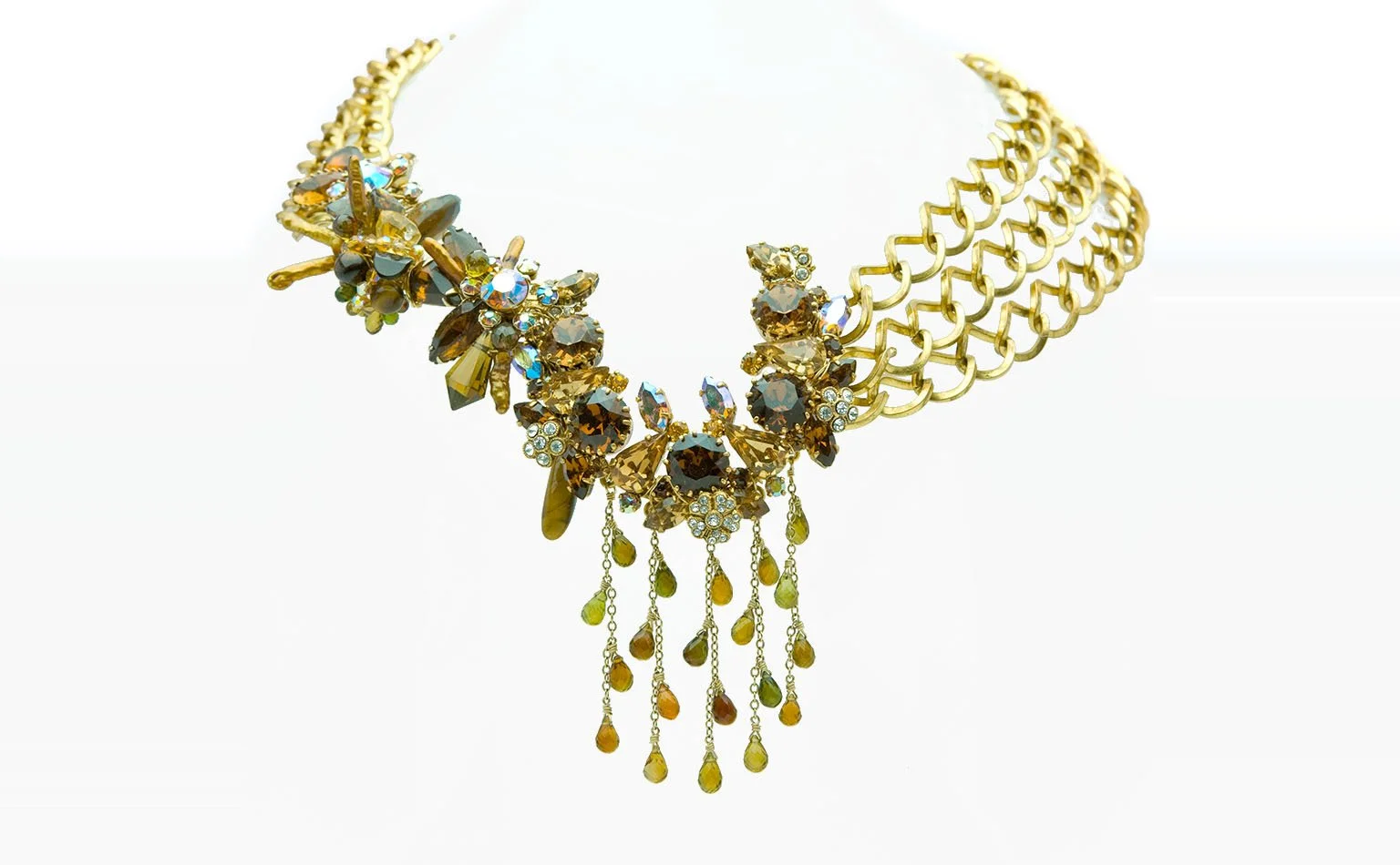 Gold necklace with an olive crystal cluster and beaded fringe