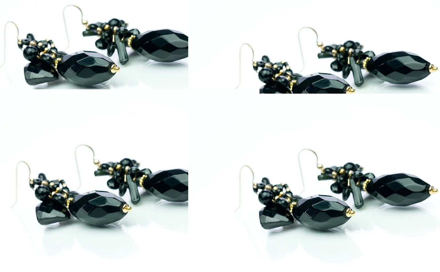 Black jet and crystal drop earrings shown from four angles 