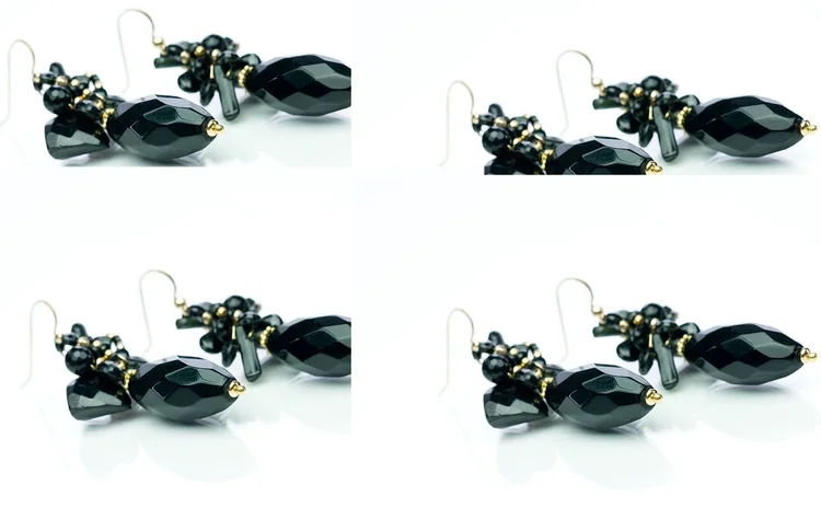 Black jet and crystal drop earrings shown from four angles