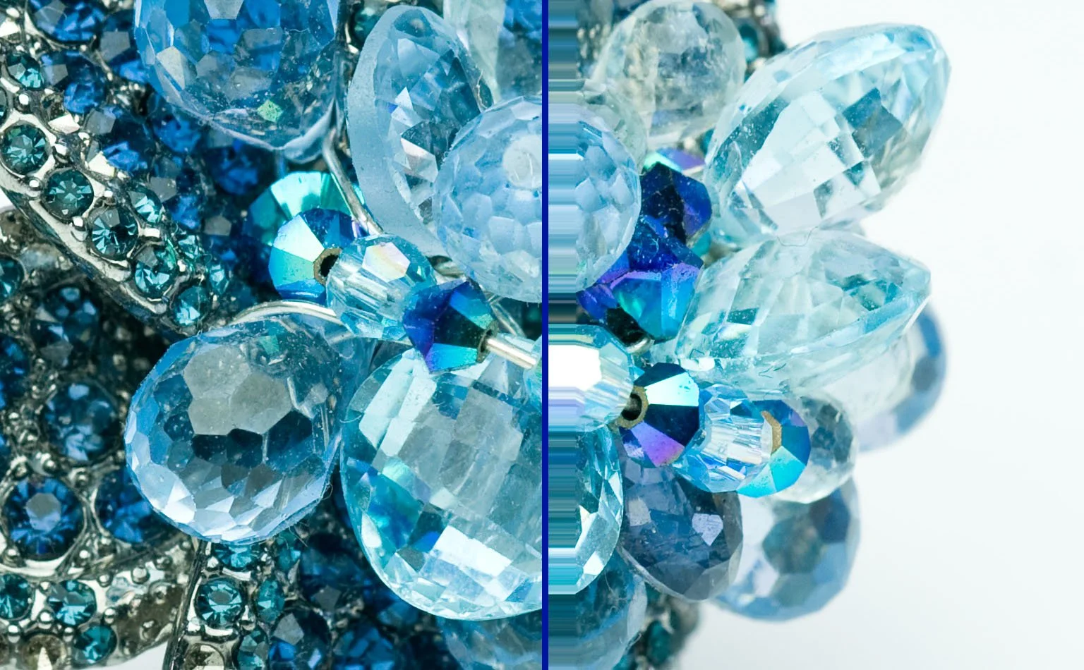  Detail of aquamarine-blue crystal clustered on a pave ring