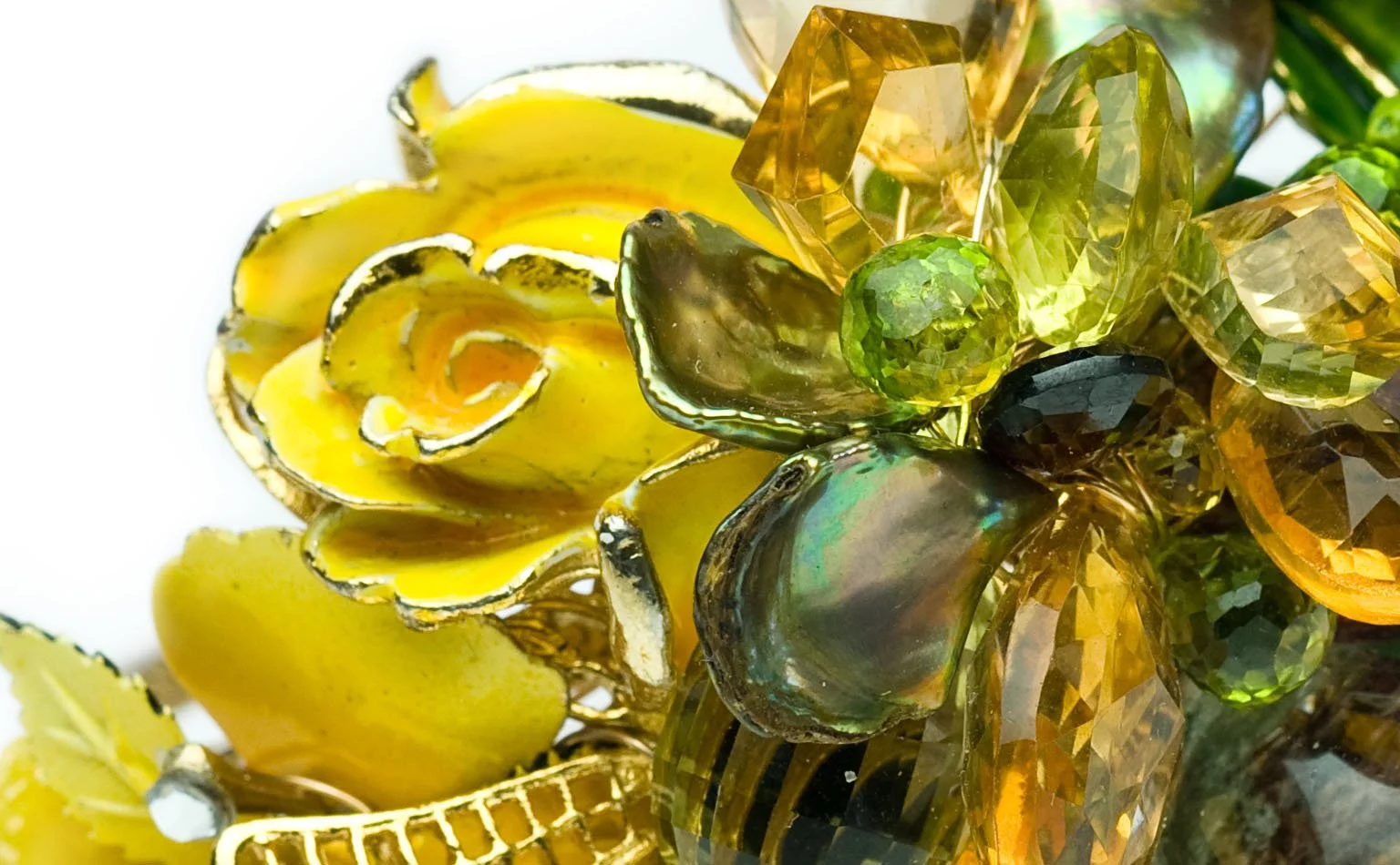  Detail of yellow enamel petals and citrine crystal on a cuff 
