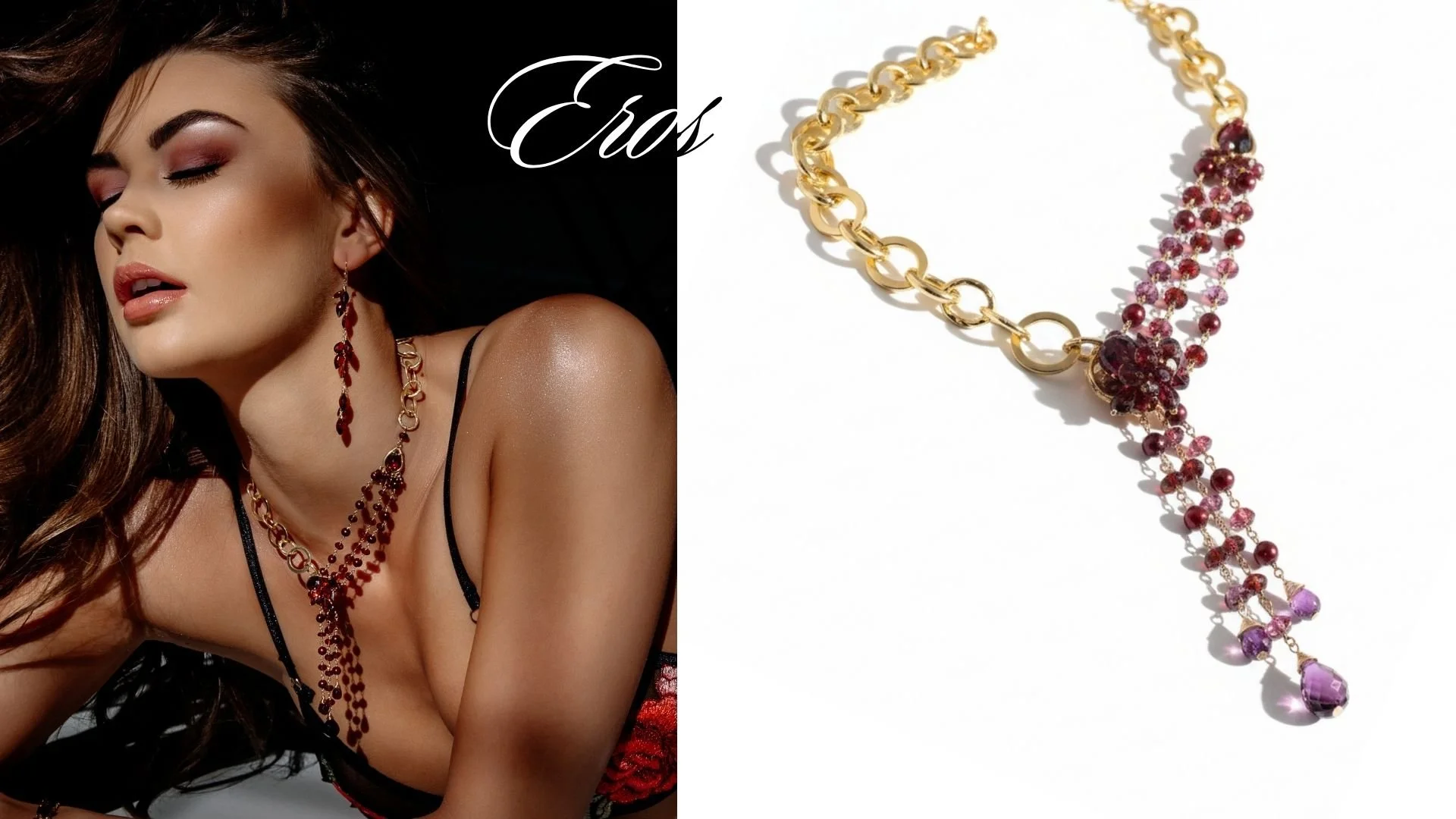Eros jewelry editorial featuring a model in garnet earrings and necklace beside a close-up of the gold chain and red gemstone design.