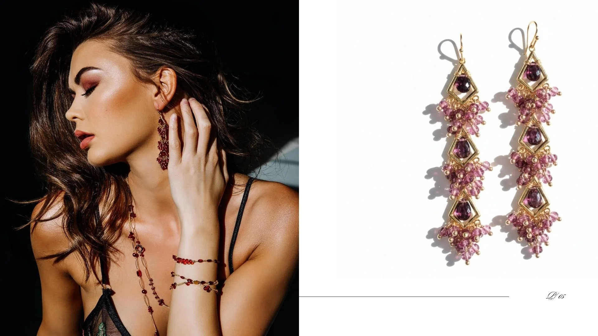Editorial spread featuring a model wearing garnet jewelry beside ornate gold chandelier earrings with deep red and pink gemstones.