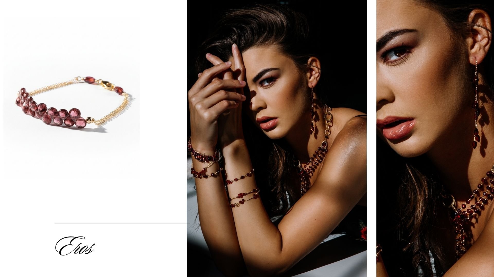 Eros jewelry spread featuring a model layered in garnet bracelets, earrings, and necklace beside a close-up of a pink gemstone bracelet.