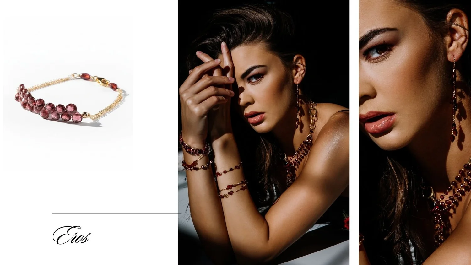 Eros jewelry spread featuring a model layered in garnet bracelets, earrings, and necklace beside a close-up of a pink gemstone bracelet.
