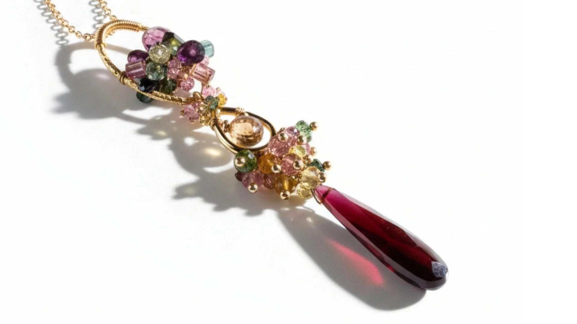 Gold necklace with clustered pink, green, and golden tourmalines framing a deep red faceted garnet drop on a white background.
